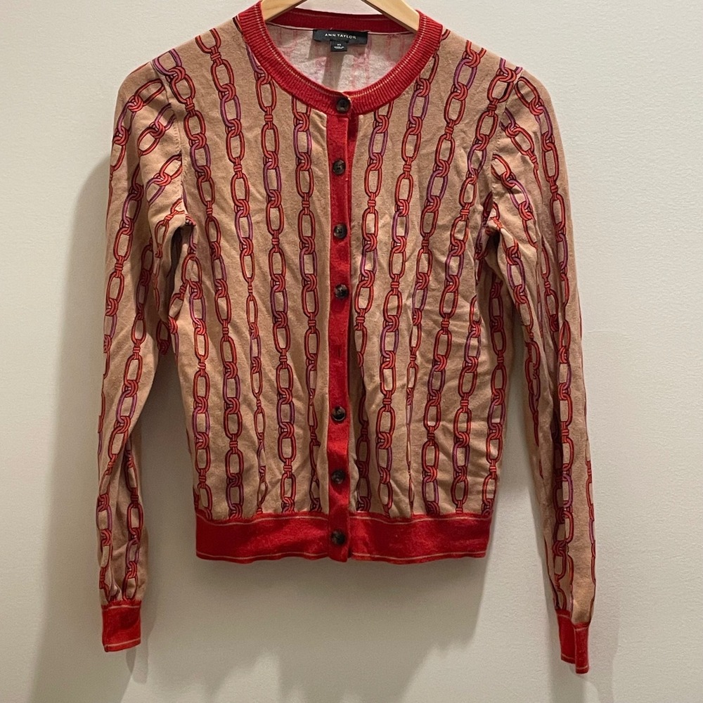Ann Taylor Womens XS Red Tan Chain Link Print Cotton Button Front Cardigan